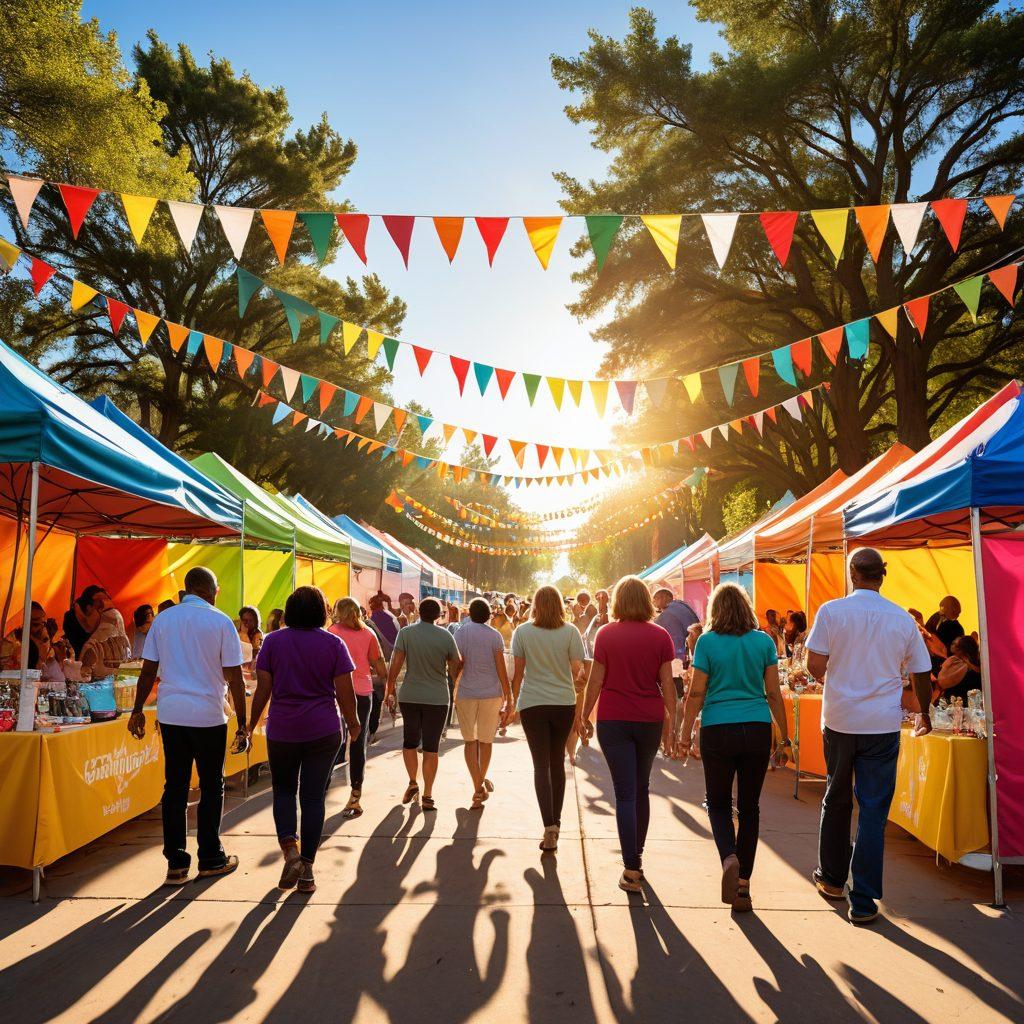A vibrant outdoor community event showcasing diverse groups of people of different ages and backgrounds collaborating joyfully. Colorful banners and decorations symbolize celebration, with booths offering resources and activities promoting teamwork. Laughter and smiles radiate as people engage in conversations and collaborative tasks. The warm sunlight bathes the scene in a cheerful glow, resonating with a sense of unity and joy. super-realistic. vibrant colors. outdoor setting.