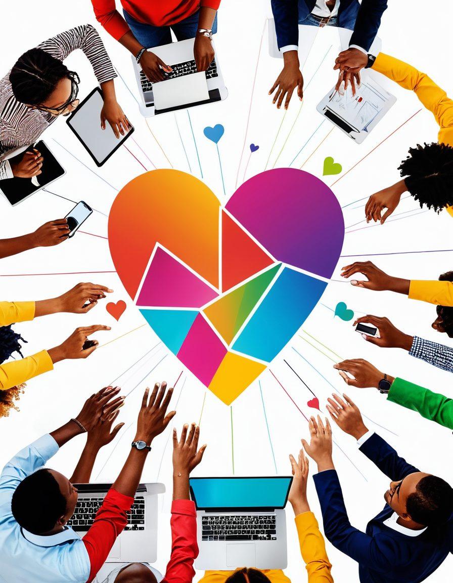 A vibrant digital community with diverse people engaging in lively discussions and activities, surrounded by colorful icons representing support and empowerment. Incorporate elements like virtual meeting screens, heart symbols, and hands connected by lines to symbolize connection. The atmosphere should be lively and joyful, reflecting an online space filled with positive energy. super-realistic. vibrant colors. white background.